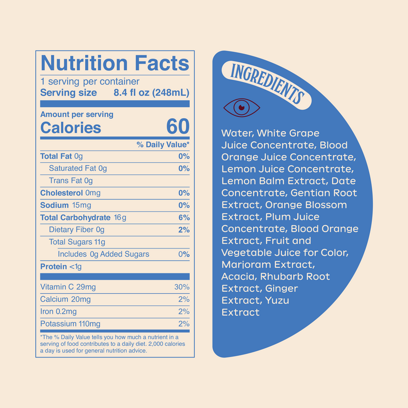 Nutrition label for Ghia Blood Orange. Serving size: 8.4 fl oz (248ml). 60 calories per serving. 0g fat, 0mg cholesterol, 15mg sodium, 16g total carbohydrates, 11g total sugars, 0g added sugars, <1g protein. Ingredients include white grape juice, blood orange juice, lemon juice, and botanical extracts.