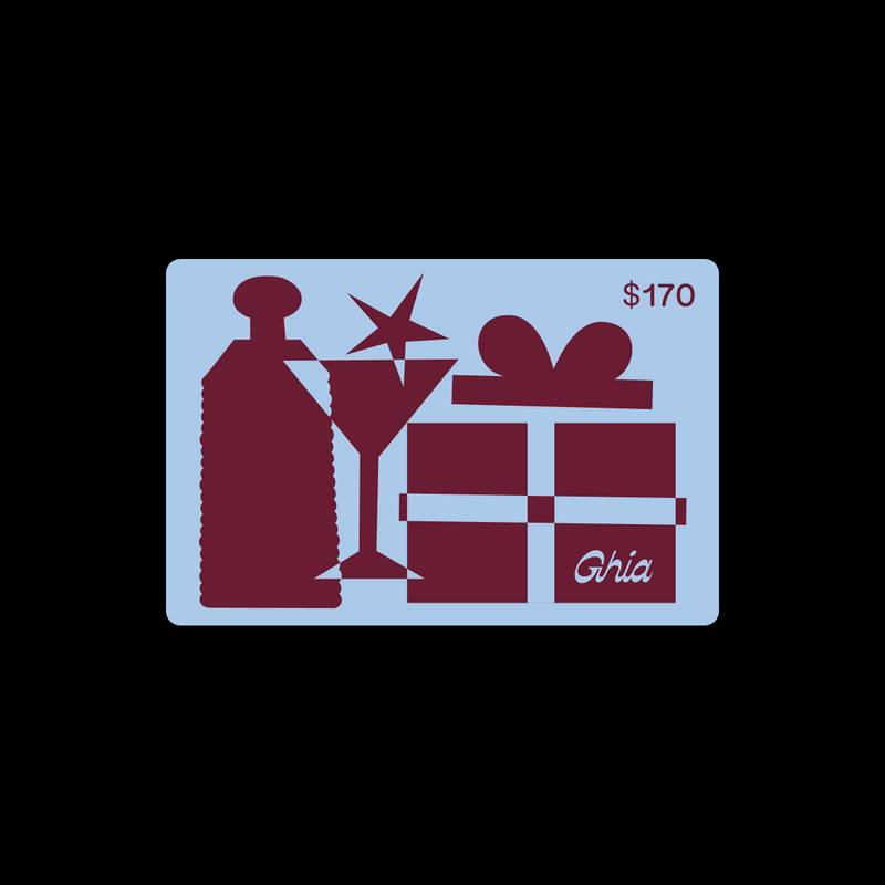 $170 Ghia gift card in light blue with burgundy bottle, coupe glass and gift box illustration