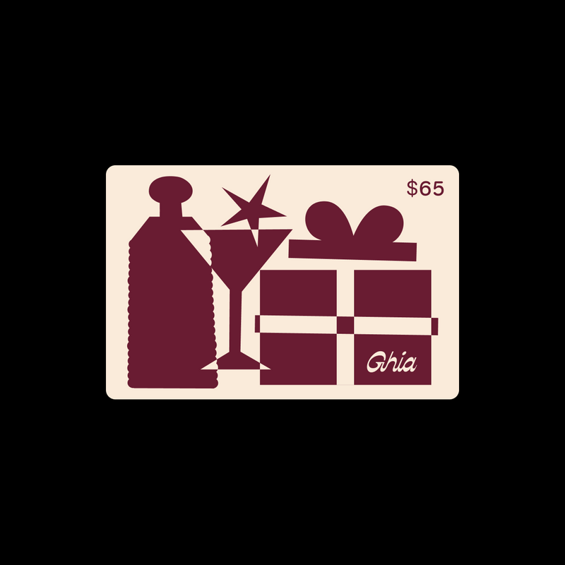 $65 Ghia gift card in cream with burgundy bottle, coupe glass and gift box illustration