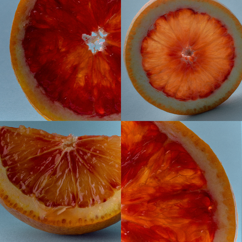 Four close-up views of ripe blood orange halves and slices