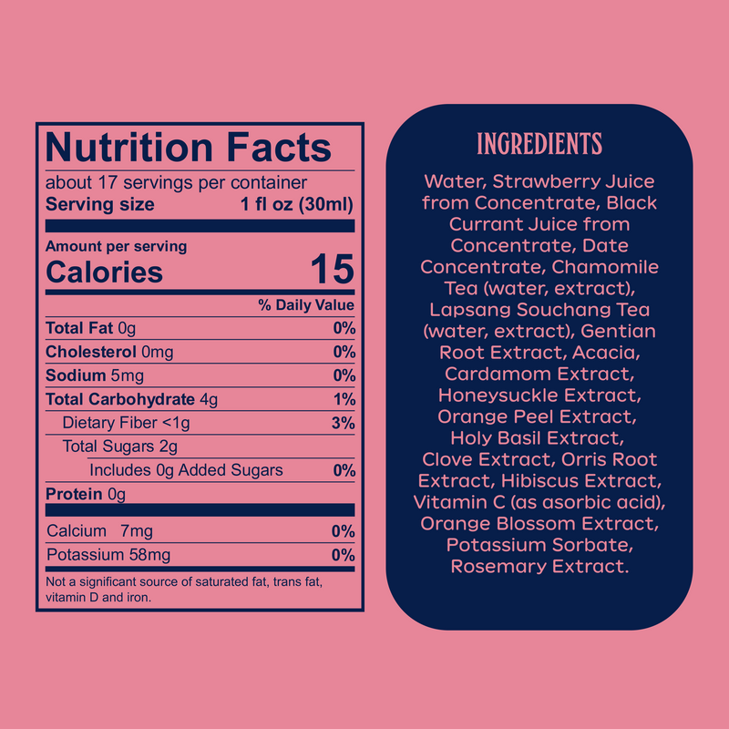 Nutrition pink and purple label for Ghia Berry Aperitif. Serving size: 1 fl oz (30ml). 15 calories per serving. 0g fat, 0mg cholesterol, 0mg sodium, 4g total carbohydrates, <1g dietary fiber, 2g total sugars, 0g added sugars, 0g protein. Ingredients include strawberry juice, black currant juice, chamomile, and botanical extracts.