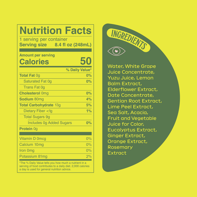 Nutrition label for Ghia Lime & Salt. Serving size: 8.4 fl oz (240ml). 50 calories per serving. 0g fat, 0mg cholesterol, 85mg sodium, 12g total carbohydrates, 8g total sugars, 0g added sugars, 0g protein. Ingredients include white grape juice, lime juice, yuzu, sea salt, and botanical extracts.