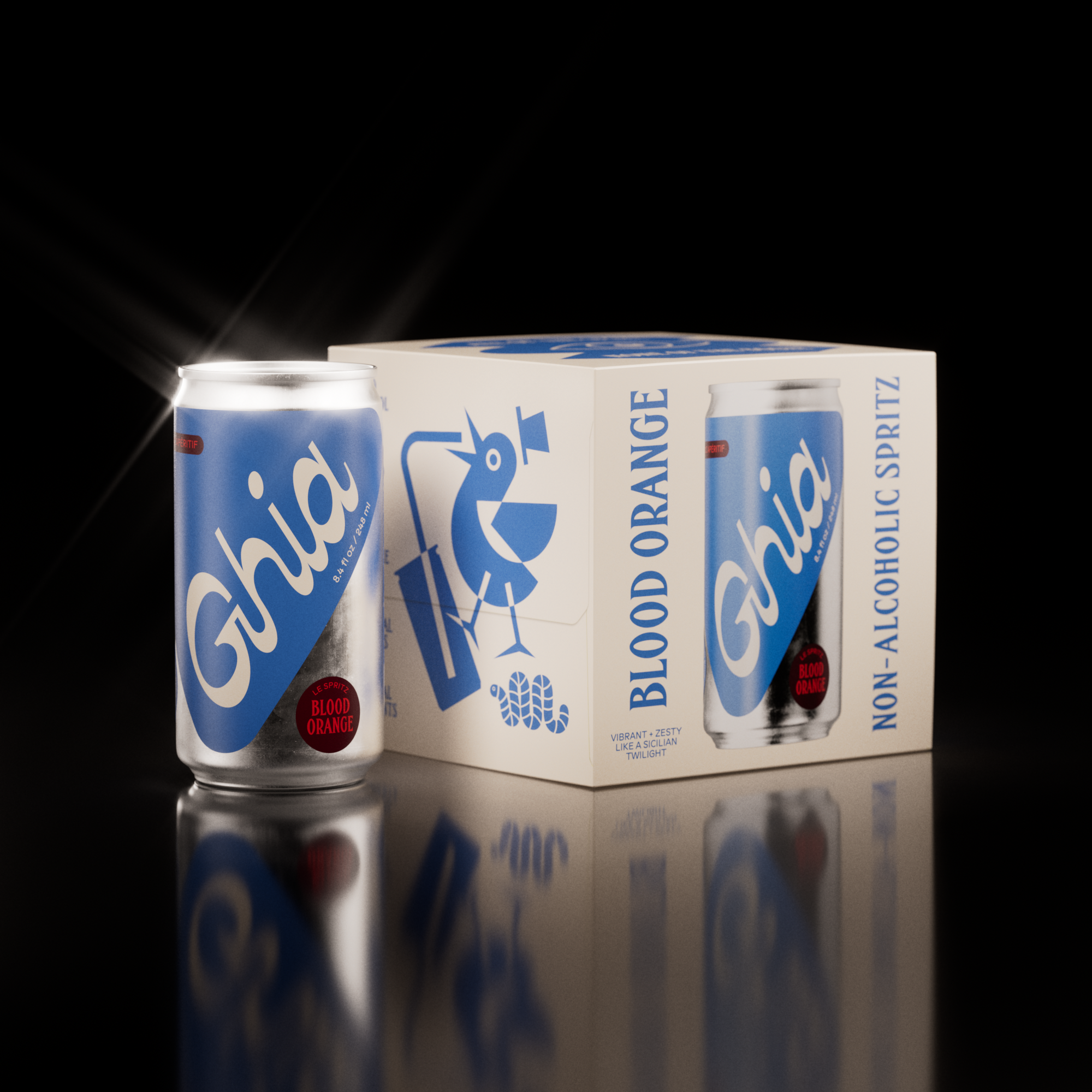 One silver and blue can of Ghia Blood Orange non-alcoholic spritz is placed beside its illustrated 4-pack box, shown against a black background.