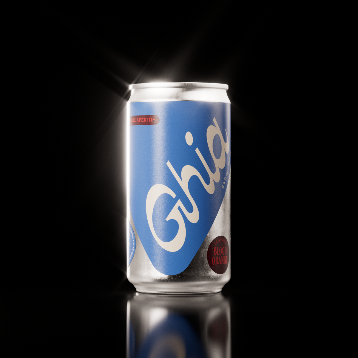 Close-up of a silver and blue Ghia Blood Orange non-alcoholic spritz can, displayed against a black background with reflective lighting.