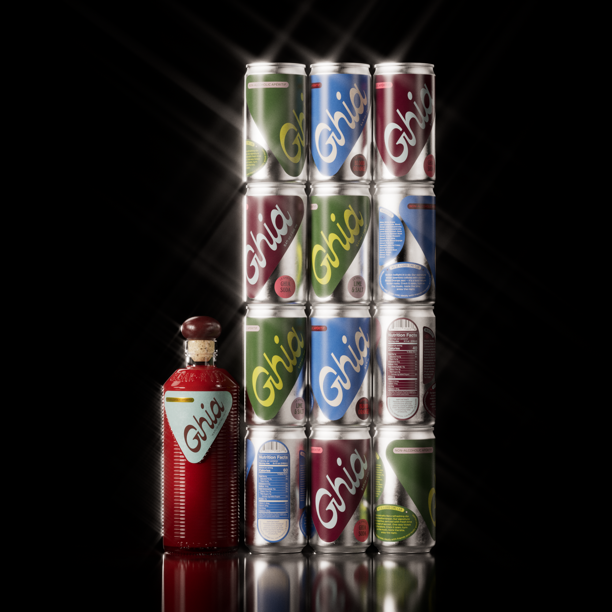 Ghia apéritif bottle beside a stacked wall of Le Spritz cans in assorted flavors on a black background