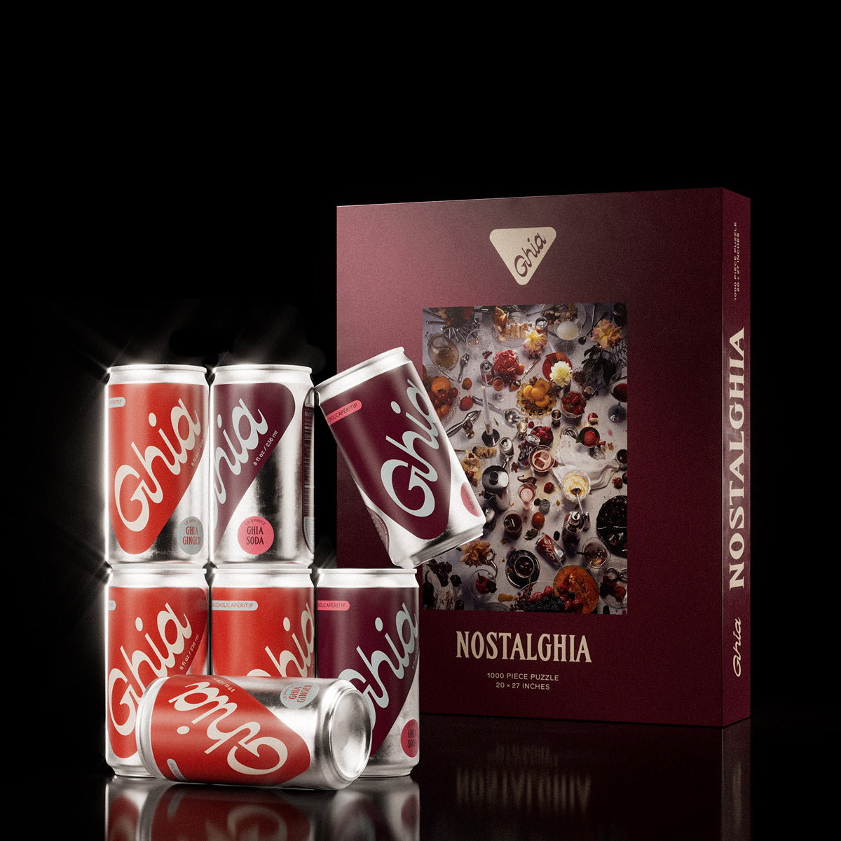 Stacked Ghia spritz cans beside the Nostalghia 1000-piece puzzle box showing a festive tabletop scene