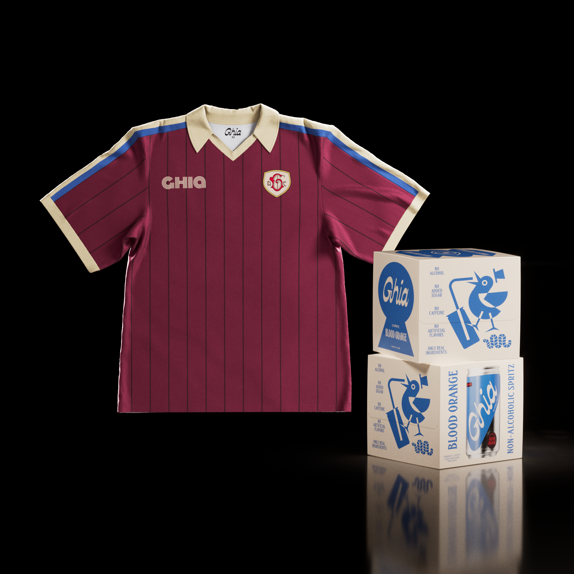 Maroon pinstriped Ghia soccer jersey with crest beside two boxes of Ghia Le Spritz Blood Orange cans