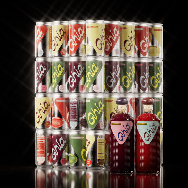 Wall of stacked Ghia Le Spritz cans in assorted flavors with two Ghia apéritif bottles in front
