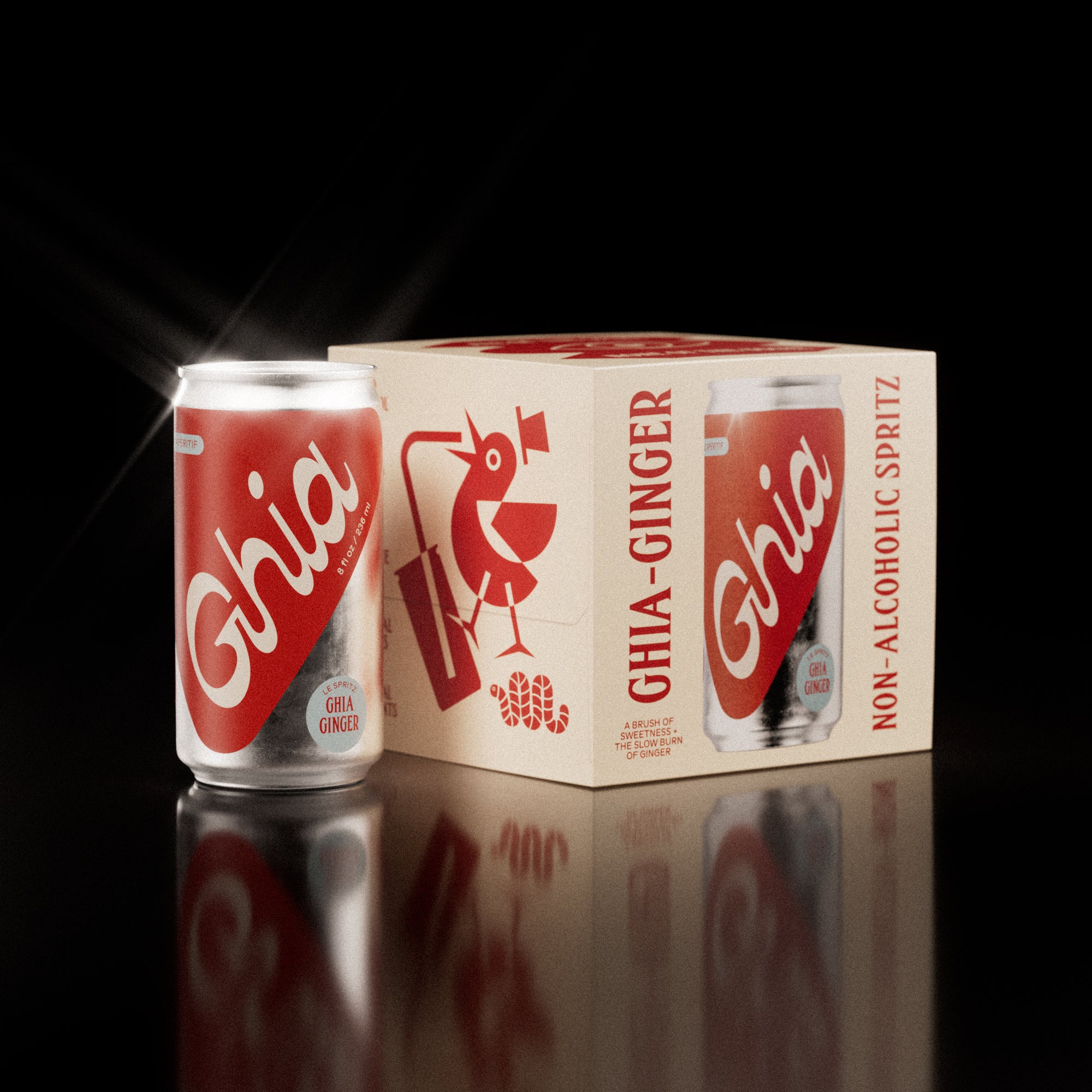 A pack of four Ghia Ginger non-alcoholic spritz cans with a cream-colored box featuring playful red illustrations. One can is placed beside the box, reflecting on a shiny surface.