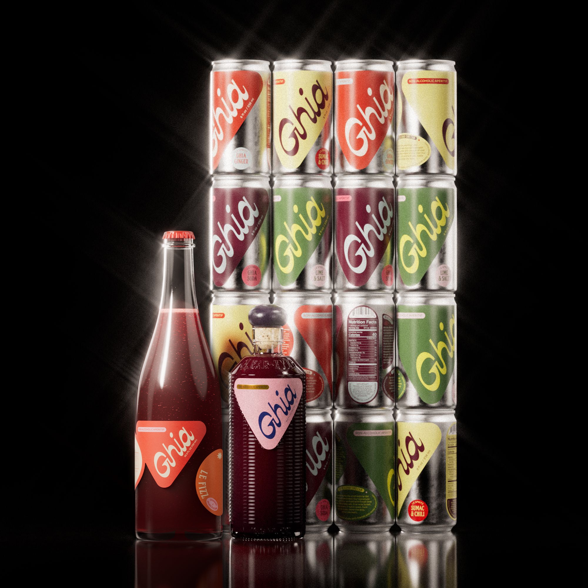 Ghia Bestseller Bundle displayed on a reflective surface, featuring a tall 750ml bottle of Le Fizz with a red label, a sleek 500ml bottle of the Apéritif in deep red or berry tones, and a neatly stacked 12-pack of Le Spritz cans in vibrant colors—Sumac & Chili, Ghia Soda, Ghia Ginger, and Lime & Salt. A visually striking non-alcoholic beverage set designed for elevated, mindful drinking.