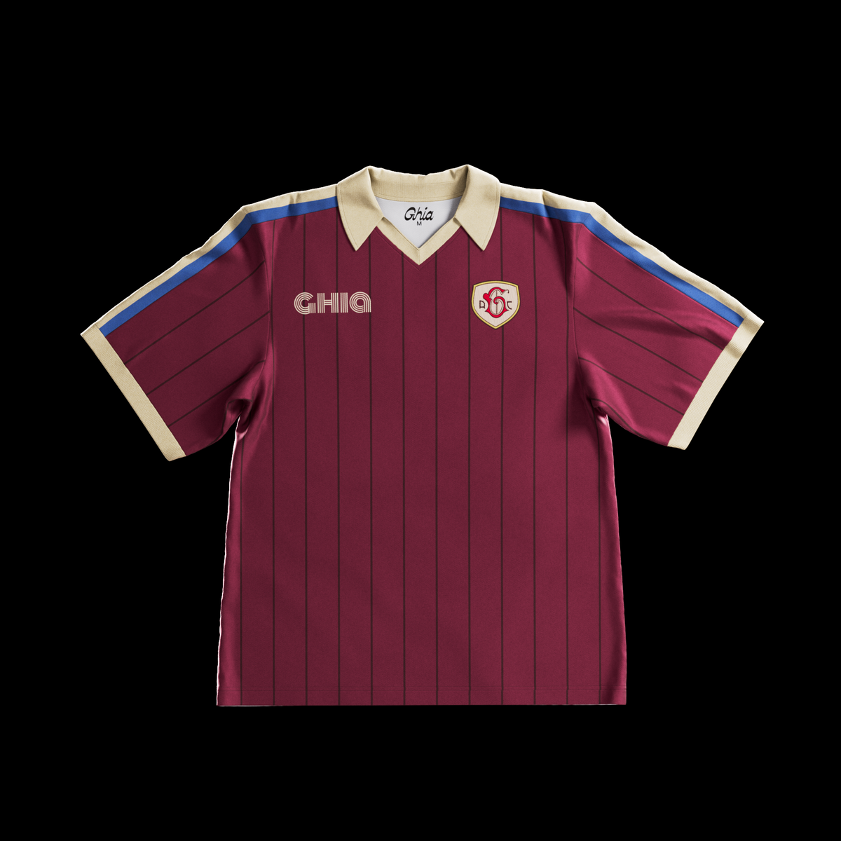 Maroon pinstriped Ghia jersey with cream collar, blue shoulder stripes, and crest patch, shown from the front