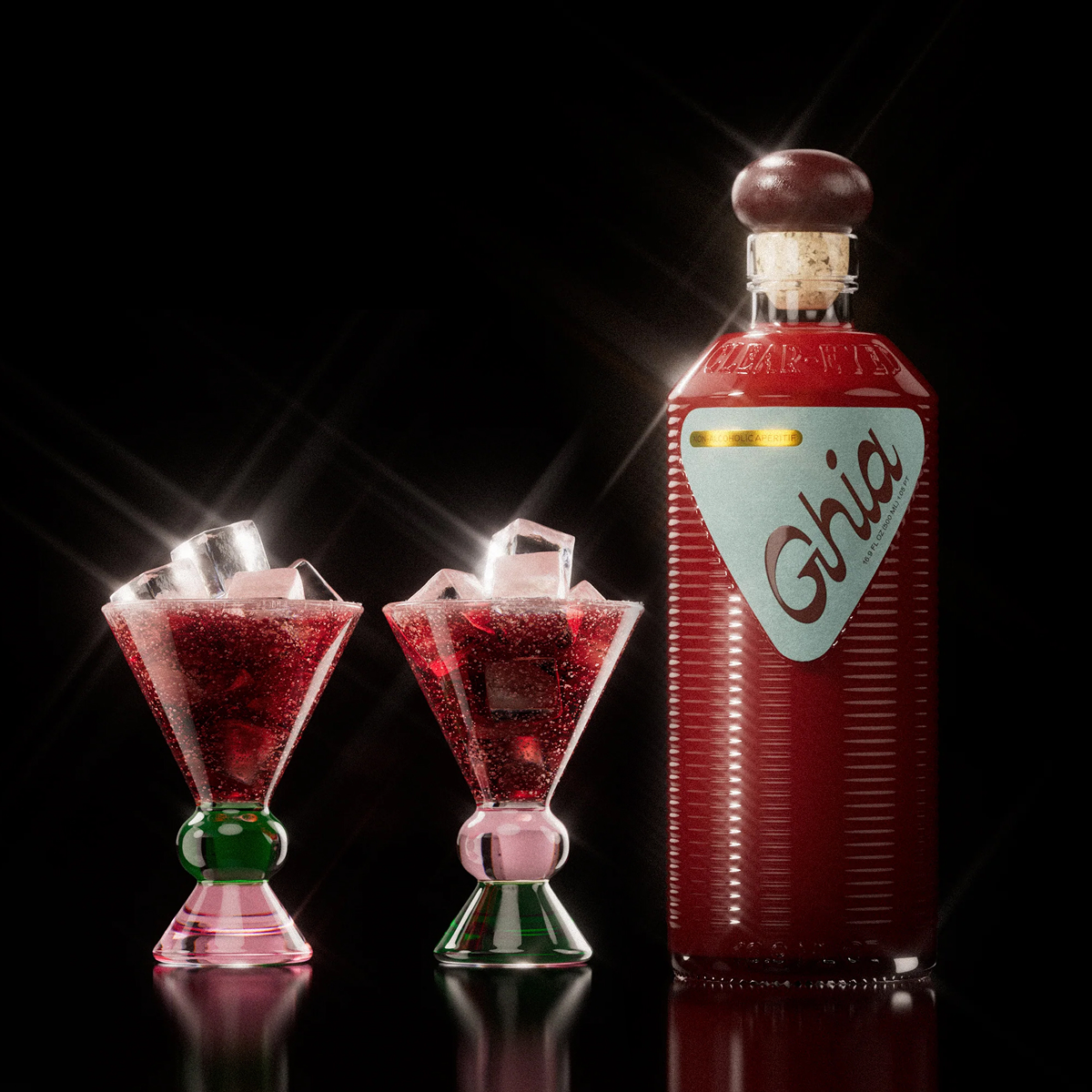 Red bottle labeled 'Ghia' with two filled glasses on a black background