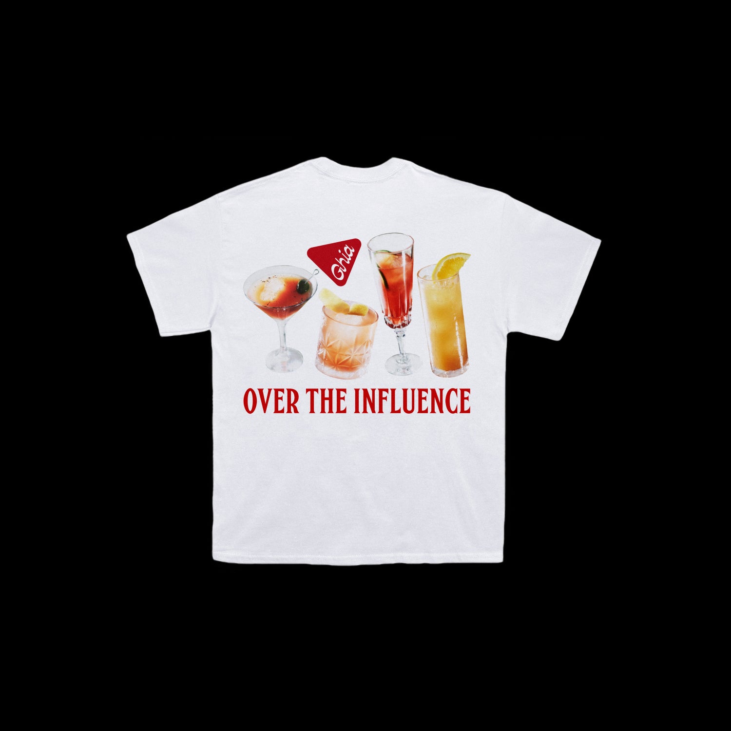A white T-shirt featuring images of four cocktails, a red Ghia logo, and bold red text reading "OVER THE INFLUENCE" on the back.