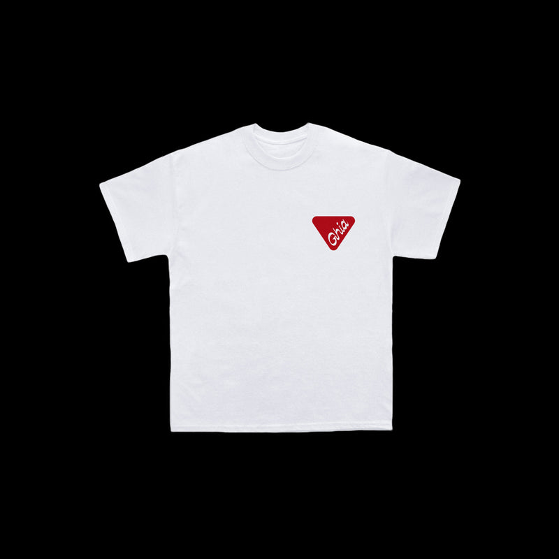 White t-shirt with small red 'Ghia' logo on the left chest.
