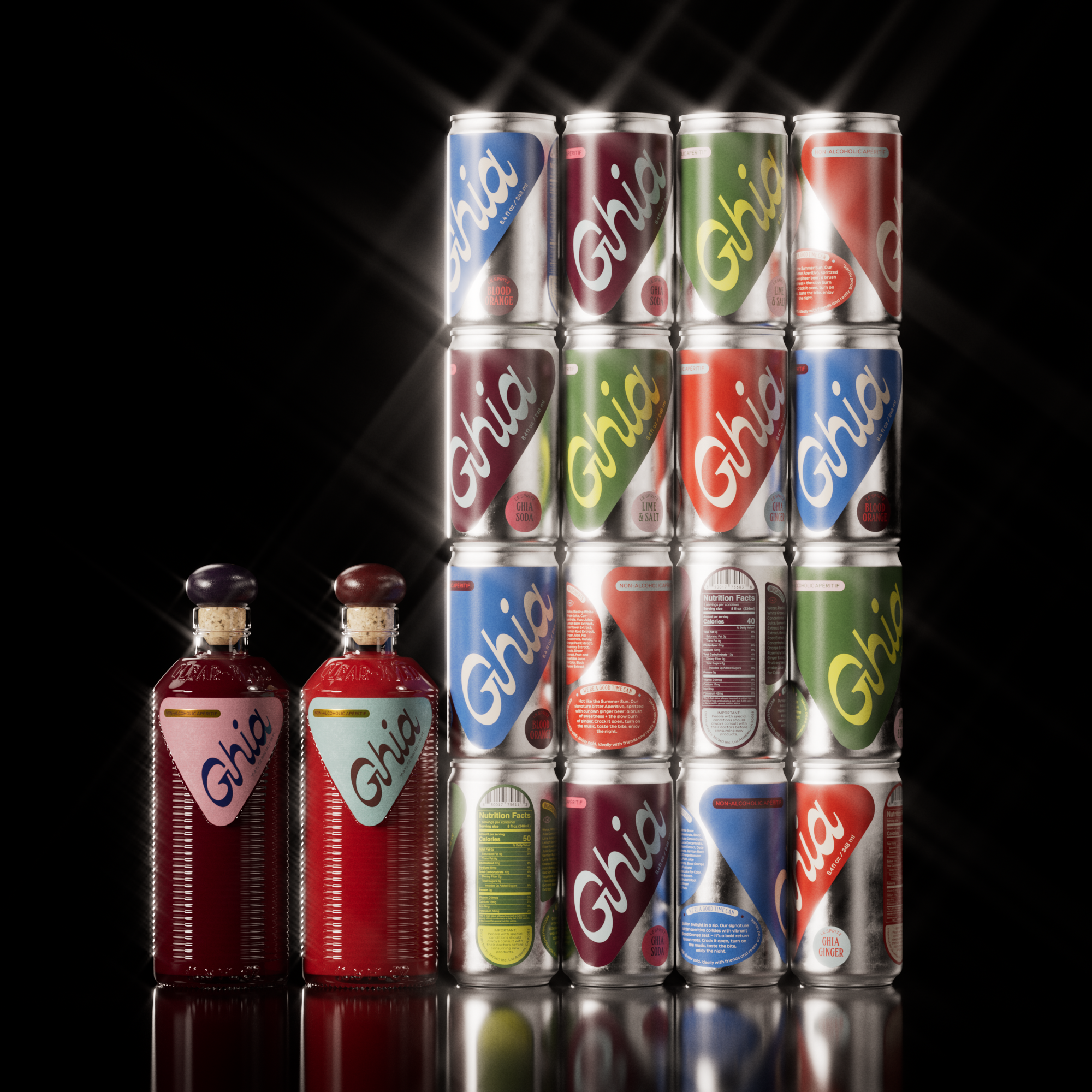 Two Ghia apéritif bottles beside a stacked wall of Le Spritz cans in assorted flavors