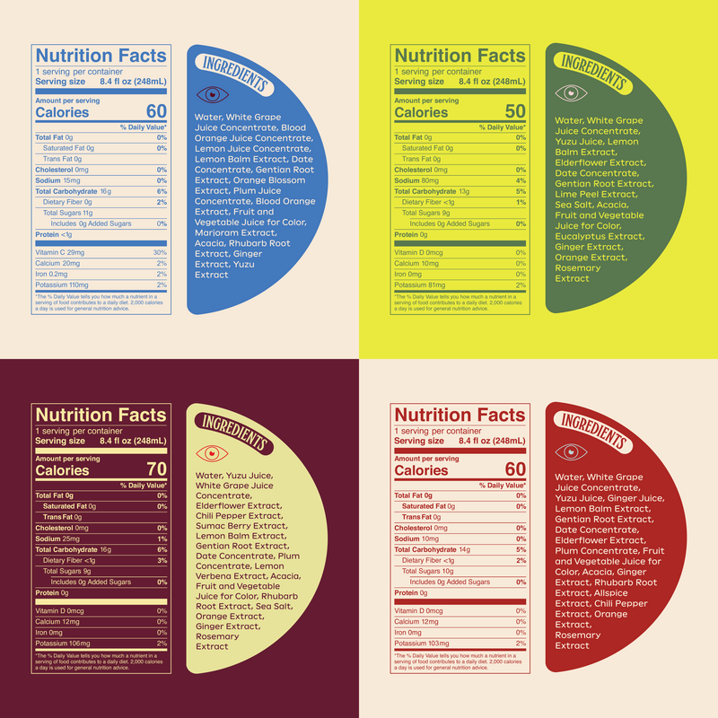 Nutrition facts and ingredient lists for Ghia flavors, 50-60 calories per serving, with grape juice, yuzu and botanicals