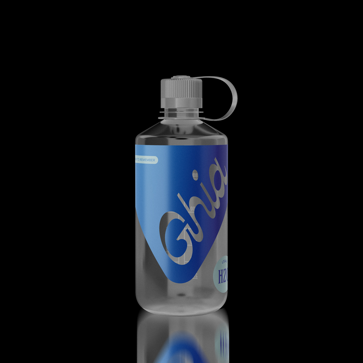 Clear Ghia H2O Nalgene water bottle with blue Ghia logo graphic and loop-top cap