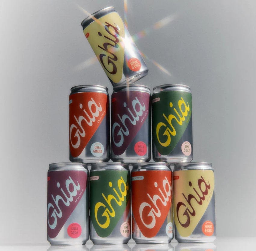 Pyramid of Ghia Le Spritz cans in Ghia Ginger, Ghia Soda, Lime & Salt, and Sumac & Chili flavors